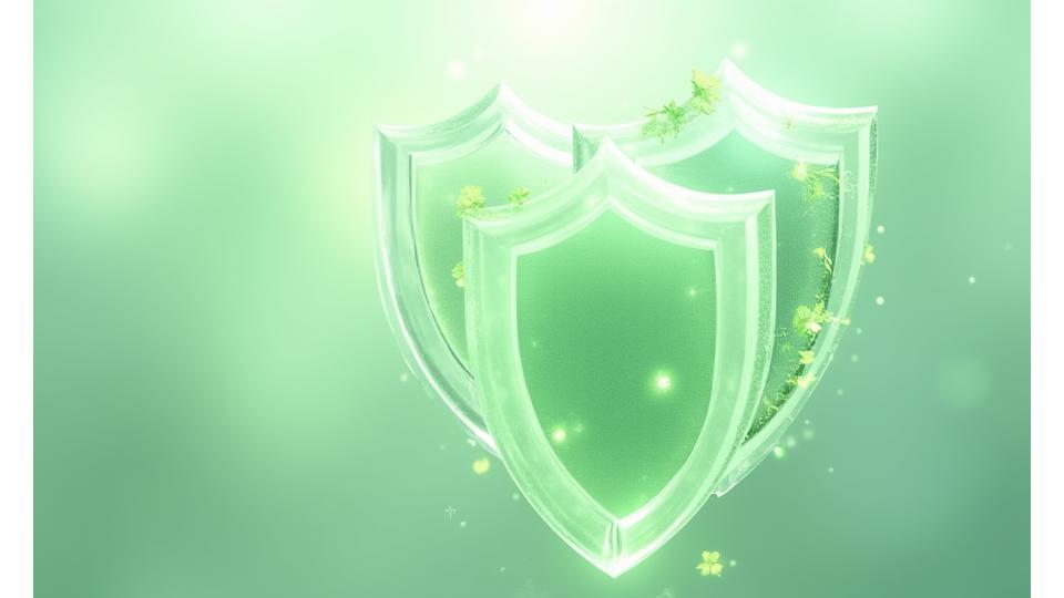 多層的なセキュリティ対策を示す盾と植物のコンセプトアート